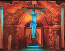 American Legacy Fine Arts presents "Crucifix and Retablo at Serra Chapel Mission San Juan Capistrano" a painting by Peter Adams.