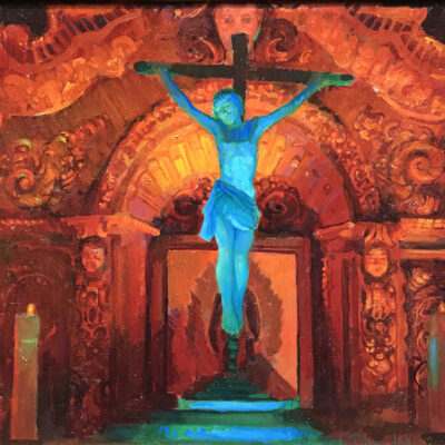 Peter Adams Artist Oil painting Crucifix and Retable at Serra Chapel; Mission San Juan Capistrano Chapel