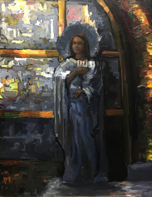 American Legacy Fine Arts presents "Mary Magdelene at the Foot of the Cross, Church of the Holy Sepulcher" a painting by Peter Adams.