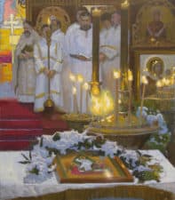 American Legacy Fine Arts presents "Paschal Service; Russian Orthodox Church" a painting by Peter Adams.