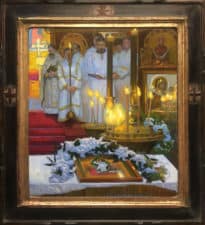 American Legacy Fine Arts presents "Paschal Service; Russian Orthodox Church" a painting by Peter Adams.