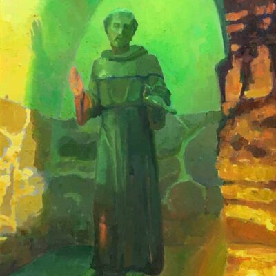 American Legacy Fine Arts presents "St. Francis at Mission San Juan Capistrano" a painting by peter Adams.