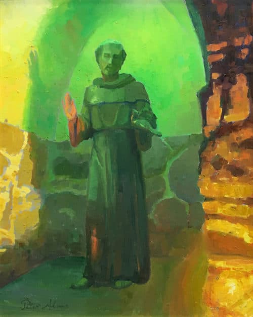 American Legacy Fine Arts presents "St. Francis at Mission San Juan Capistrano" a painting by peter Adams.