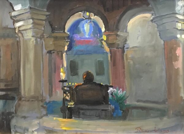 American Legacy Fine Arts presents "Statue of the Sleeping Virgin; Interior of the Church of the Dormition" a painting by Peter Adams.