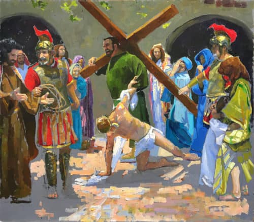 American Legacy Fine Arts presents "Study for the 7th Station; Jesus Falls the Second Time" a painting by Peter Adams.