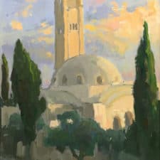 American Legacy Fine Arts presents "The Jerusalem International YMCA Tower and Concert Hall" a painting by Peter Adams.