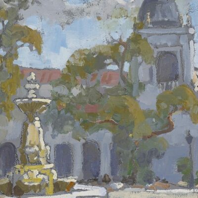 American Legacy Fine Arts presents "Fountain and Tower, Pasadena City Hall" a painting by Peter Adams.