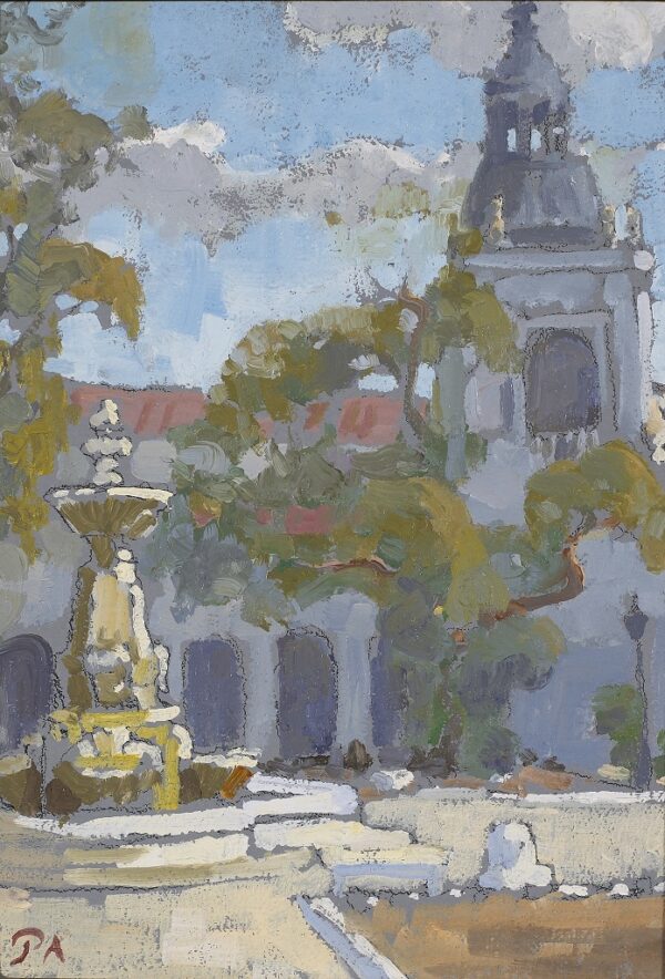 American Legacy Fine Arts presents "Fountain and Tower, Pasadena City Hall" a painting by Peter Adams.