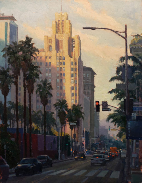 American Legacy Fine Arts presents "Pershing Square; Los Angeles" a painting by Michael Obermeyer.