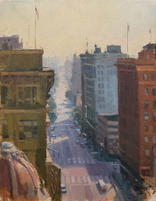 American Legacy Fine Arts presents "The Fashion District; Los Angeles" a painting by Michael Obermeyer.