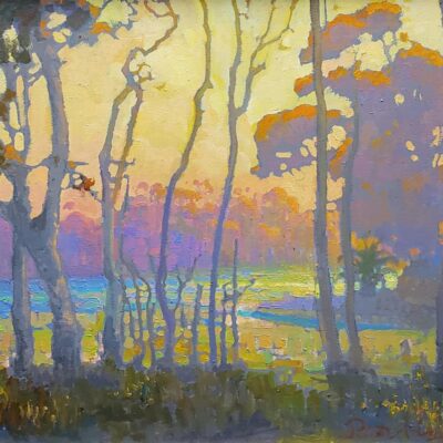 American Legacy Fine Arts presents " Autumn Silhouettes at Batiquitos Lagoon, Carlsbad, California" a painting by Peter Adams