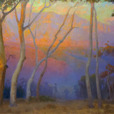 American Legacy Fine Arts presents "Eucalyptus Overlooking the San Gabriels at Sunset" a painting by Peter Adams