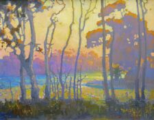 Peter Adams Artist Oil painting Autumn Silhouettes at Bataquitos Lagoon, Carlsbad, California