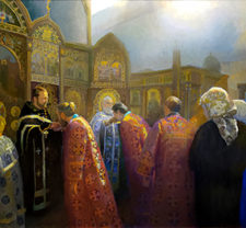 American Legacy Fine Arts presents "Forgiveness Sunday; Protection of the Holy Virgin, Russian Orthodox Church" a painting by Peter Adams.