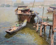 American Legacy Fine Arts presents "Houseboat" a painting by Calvin Liang.