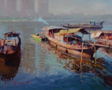 American Legacy Fine Arts presents "Hometown Boat View" a painting by Michael Situ.