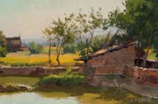 American Legacy Fine Arts presents "Village Fish Pond" a painting by Joseph Paquet.