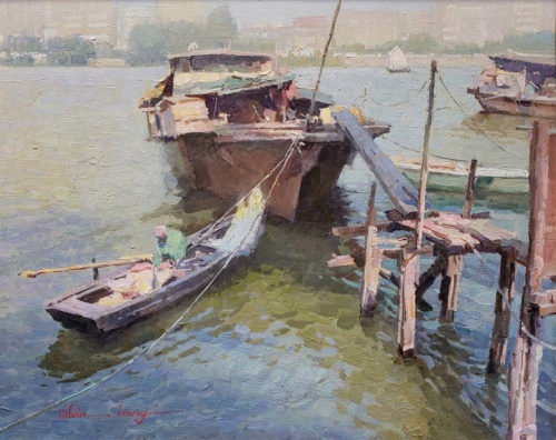American Legacy Fine Arts presents “Houseboats” a painting by Calvin Liang.