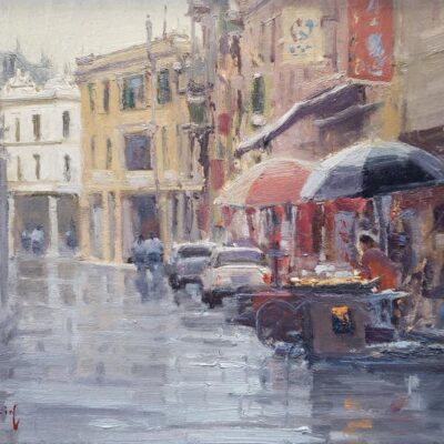 American Legacy Fine Arts presents "A Sudden Shower; Kaiping, China" a painting by John Budicin.