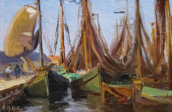 American Legacy Fine Arts presents "Drying Fishing Nets - Huizen, Holland" a painting by Anna Althea Hills.