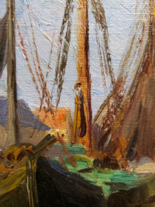 American Legacy Fine Arts presents "Drying Fishing Nets; Huizen, Holland" a painting by Anna Althea Hills.