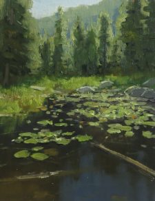 American Legacy Fine Arts presents "Lily Pads and Lodgepoles" a painting by Kathleen Dunphy.