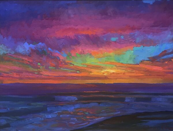 American Legacy Fine Arts presents "Evening Glow at St. Malo Beach, California" a painting by Peter Adams