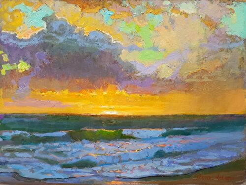 American Legacy Fine Arts presents "Breaking Skies over St. Malo Beach at Sunset" a painting by Peter Adams.