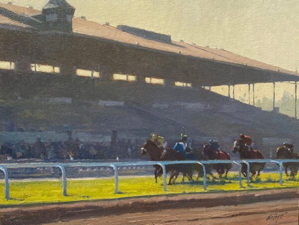 American Legacy Fine Arts presents "Heading for the Finish; Santa Anita" a painting by Michael Obermeyer.