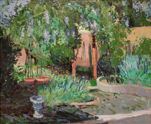 American Legacy Fine Arts presents "Wisteria Wandering; The Artist's Garden, North Hills, CA" a painting by Chuck Kovacic.