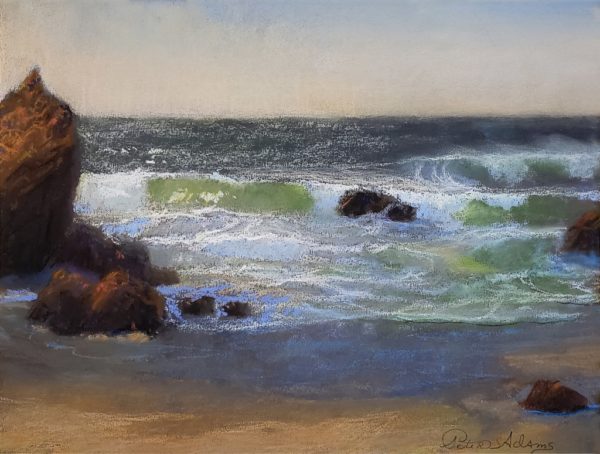 American Legacy FIne Arts presents "Wind and Waves at Low Tide; Leo Carrillo State Beach, Malibu" a painting by Peter Adams.