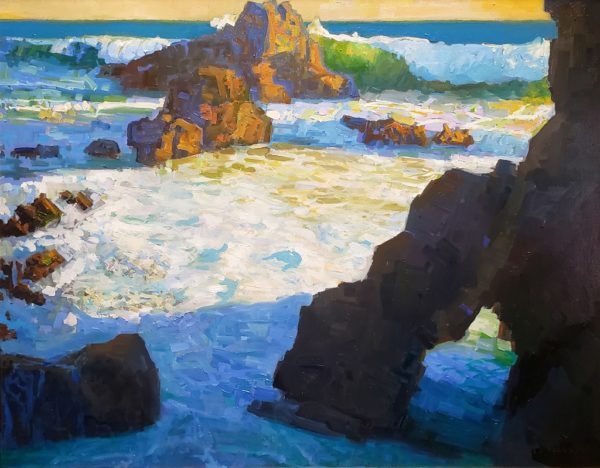 American Legacy Fine Arts presents "Afternoon Foam and Surf; El Matador Beach, Malibu" a painting by Peter Adams.