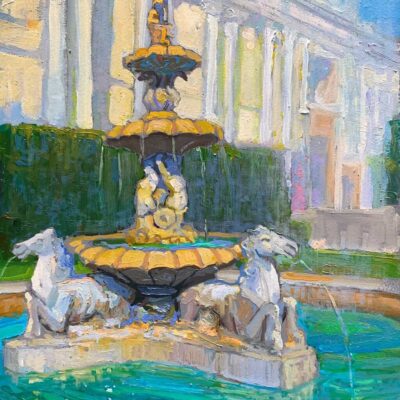 American Legacy Fine Arts presents "Neptune Fountain; Huntington Gardens" a painting by Peter Adams.