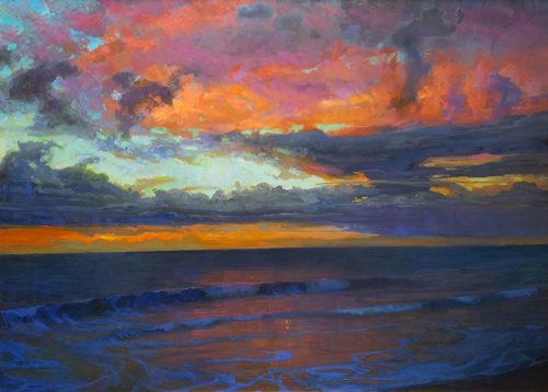 American Legacy Fine Arts presents "Sailor’s Delight; Sunset at Saint Malo Beach" a painting by Peter Adams.