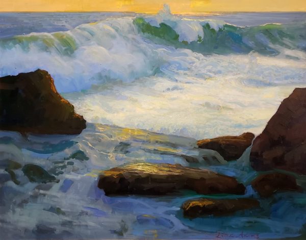 American Legacy Fine Arts presents "Shorebreak at Aliso Beach in Laguna" a painting by Peter Adams.