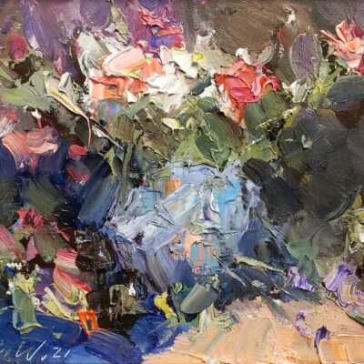 American Legacy Fine Arts presents "Flowers in French Blue Vase" a painting by Jove Wang.