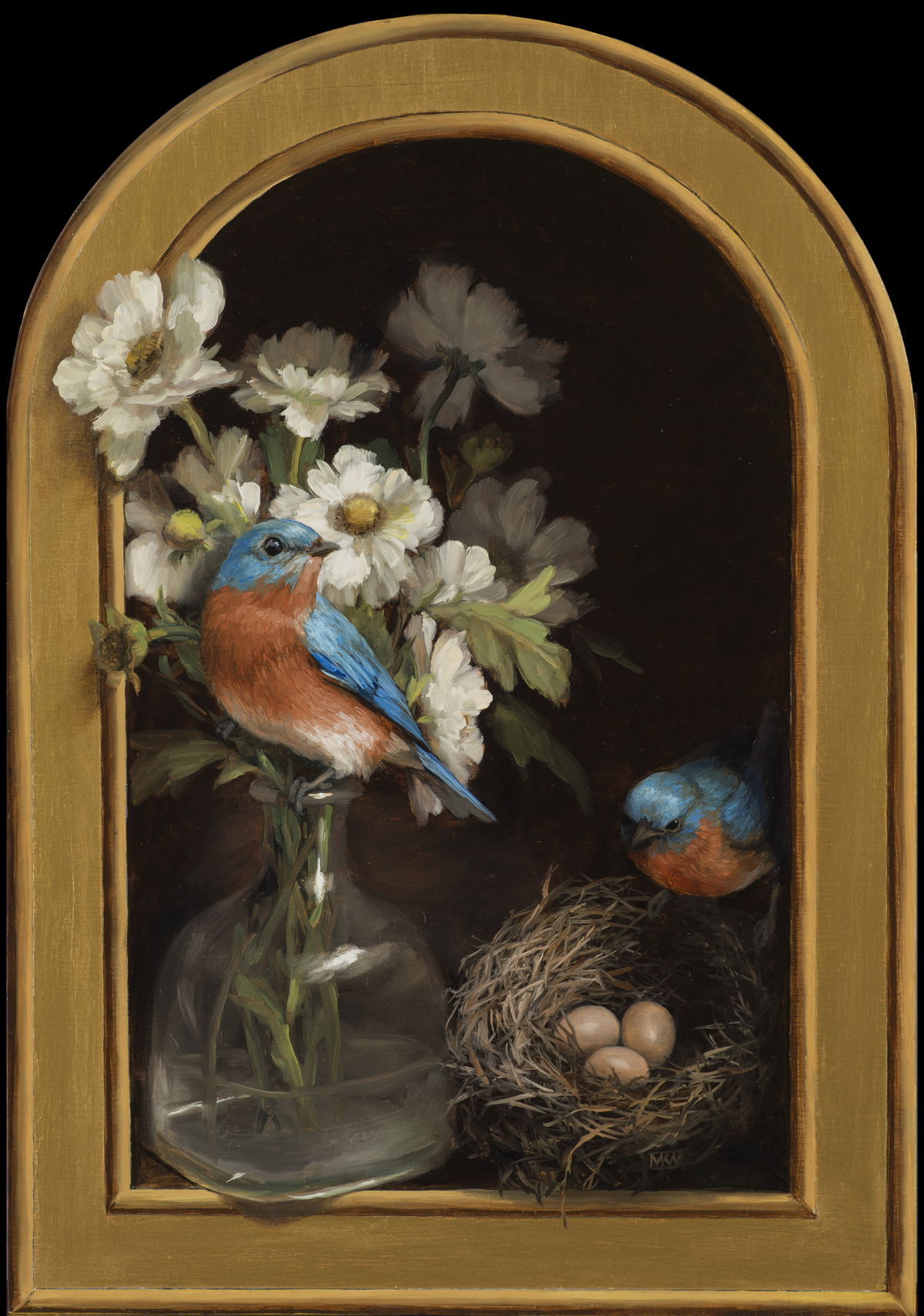 American Legacy Fine Arts presents "Bluebirds with Nest" a Painting by Mary Kay West.