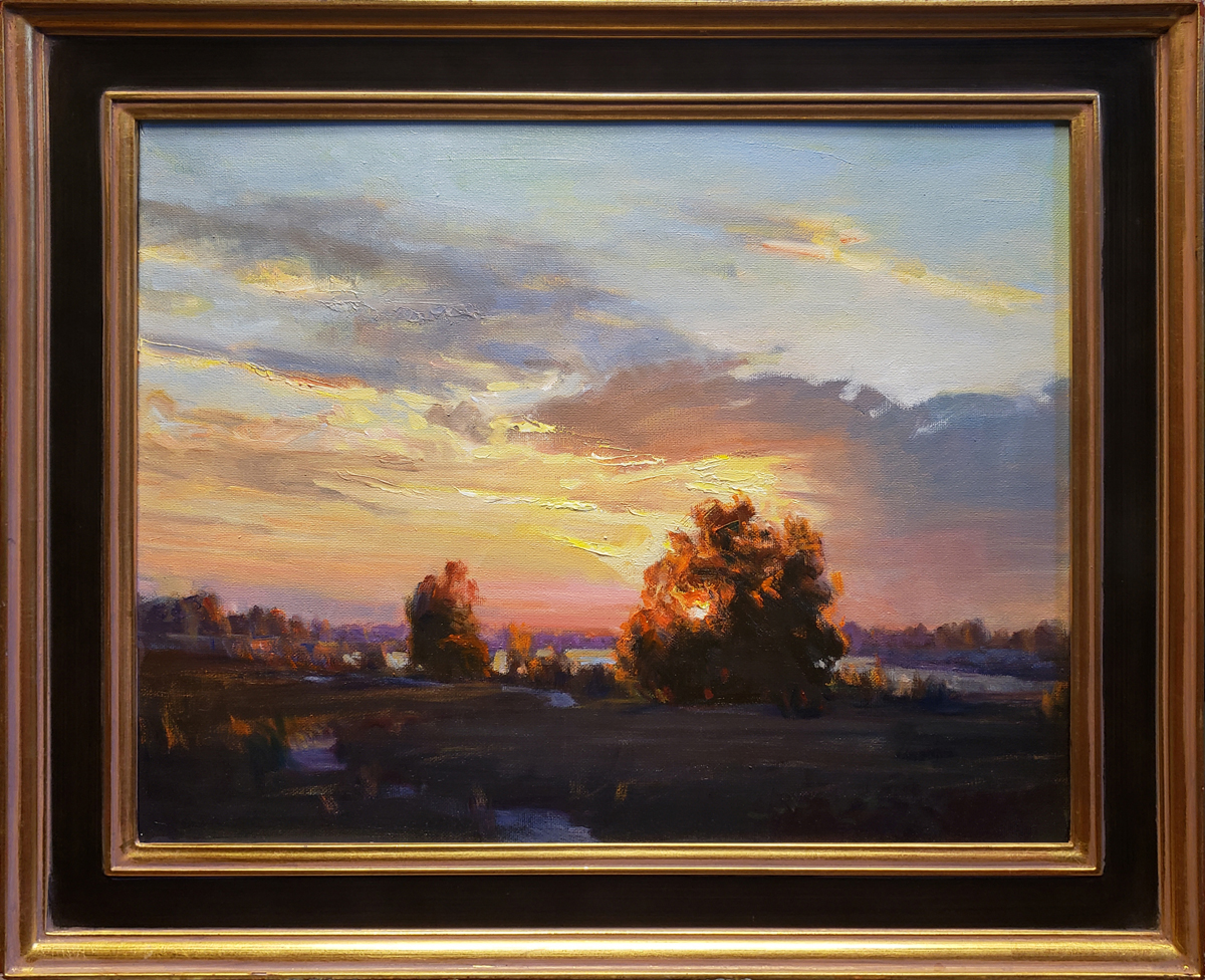 American Legacy Fine Arts presents "Sunset over the Lake; Peck Road Park, Arcadia" a painting by W. Jason Situ.