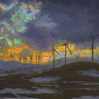 American Legacy Fine Arts presents "Winter Sunset and Wind Turbines" a painting by Peter Adams.