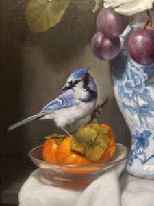 American Legacy Fine Arts presents Magnolia Blossoms and Blue Jay" a painting by Mary kay West.