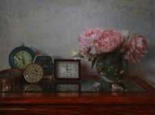 American legacy Fine Arts presents "Clocks and Peonies" a painting by Alex Tabet.