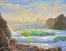American Legacy Fine Arts presents "Afternoon Surf at Dragon Rocks, Crescent City, CA" a painting by Peter Adams.