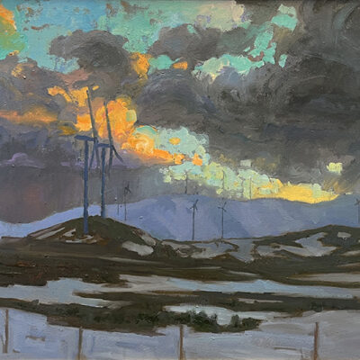 American Legacy Fine Arts presents "Breaking Storm over the Wind Farm; Tehachapi, California" a painting by Peter Adams.