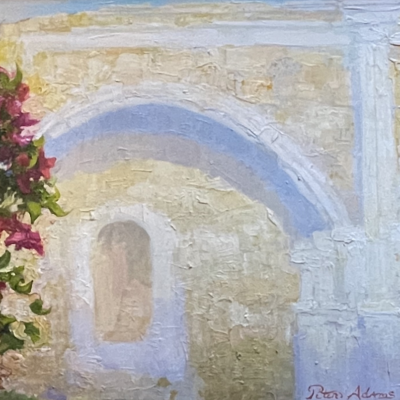 American Legacy Fine Arts presents " Sunlight on the Great Stone Church; Mission San Juan Capistrano" a painting by Peter Adams.