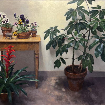 Jim McVicker artist Still Life with Bromeliad and Pansies Oil Painting