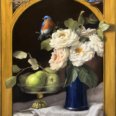 Mary Kay West Artist Oil paintng Roses and Bluebirds